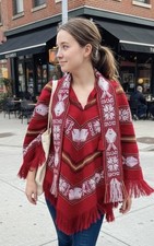 Artisanal Tejidos Poncho Unisex One Size Red Black Fringe Ecuador Embroidered