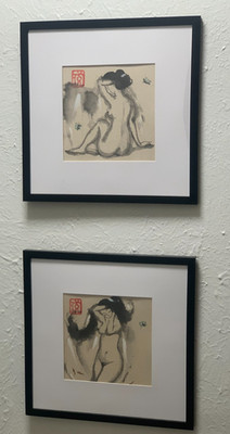 Pair of Original Framed Sumi-e Black Ink Wash Female Paintings on Paper Red Seal
