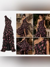 New Mac Duggal One Shoulder Floral br Ruffle Gown Black Pink Size 2 br Chiffon