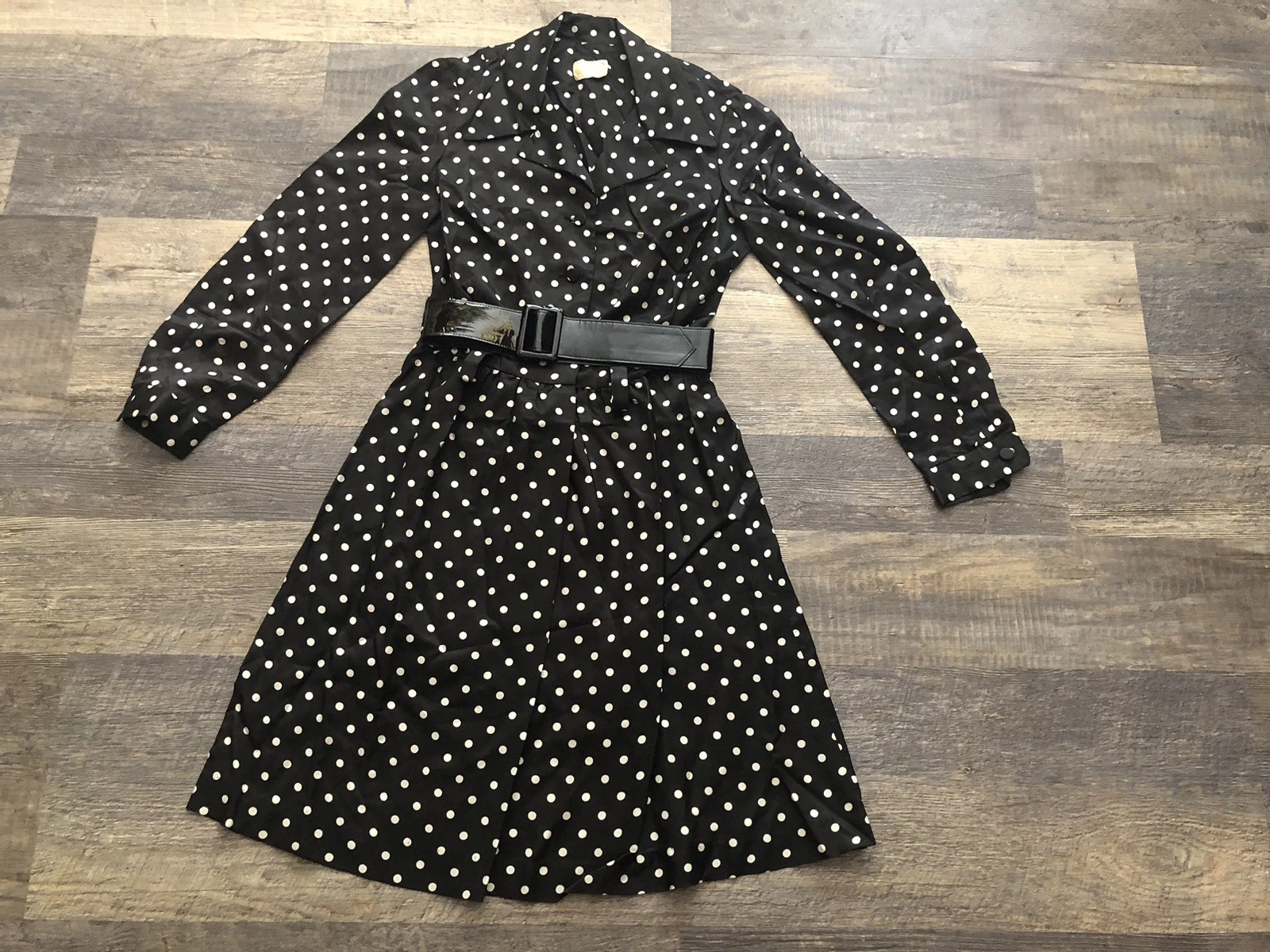 1970’s Vintage Polyester Crepe Black & White Polkadot Belted A-Line Dress~S