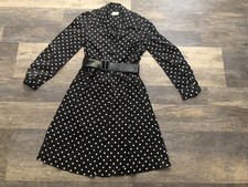 1970 s Vintage Polyester Crepe Black White Polkadot Belted A-Line Dress S