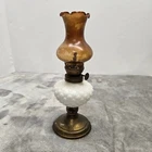Vintage Miniature Oil Lamp Hobnail Milk Glass Amber Chimney Ruffled Top