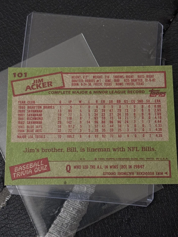 1985 Topps Jim Acker #101 - Image 2 of 2