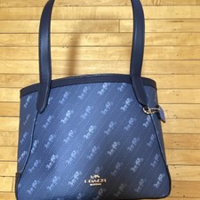 Coach Blue Tote Bag Logo Gold Hardware Tag Accent with Shoulder Strap