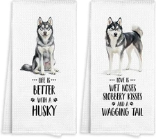 Husky Kitchen Towel Gifts for Dog Lovers Decorative Set of 2, Siberian Husky Dis