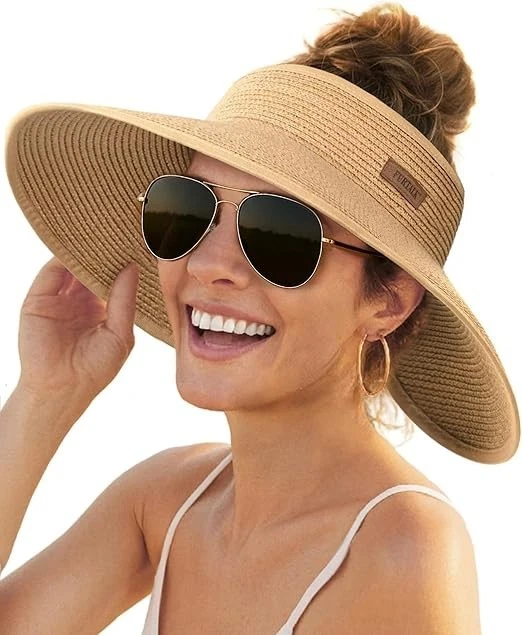 Sun Hats for Women Wide Brim Beach Hat Straw Visor Ponytail Summer UV Packable F