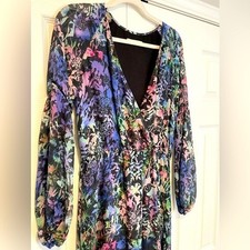Floral Maxi Dress with Long Sleeves - Multicolor Abstract Print V-Neck Design