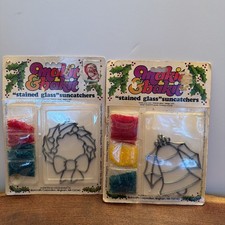 2 Vintage Christmas Makit  Bakit Stained Glass Suncatcher Kits Bell  Wreath