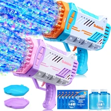 2 Pack 69 Holes LED Rocket Bubble Guns with Solution Outdoor Party Fun Gift Set!