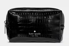 KATE SPADE CROC-EMBOSSED PATENT SMALL POUCH COSMETIC CASE:NEW BLACK