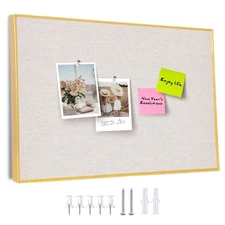 Bulletin Board with Golden Aluminum Frame, Oatmeal White Fabric Cork Board fo...