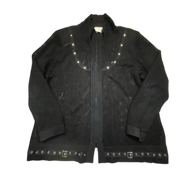 Misook Black Goth Sheer Mesh Full Zip  Cardigan Studded Women XL Alt Jacket