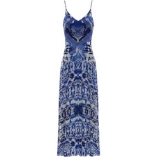 Express Blue White Paisley Geometric Maxi Dress V-Neck Spaghetti Strap Small