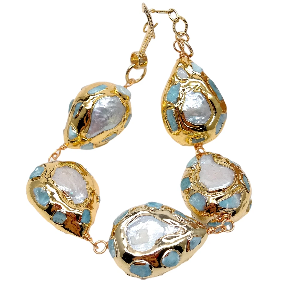 9" Freshwater White Pearl Teardrop Shape Blue larimar Gold Plated Bracelat - Image 4 of 4