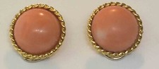 14K YELLOW GOLD PINK CORAL DOME CLIP ON EARRI...