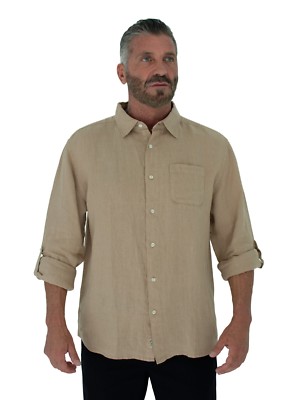 Short Fin Herren 100% Leinen Langarm Button Down Hemd mit Krempelärmeln 
