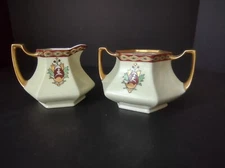 Limoges France Green Red Heavy Thick Gold Trim Sugar Dish Creamer Set (lot 712)