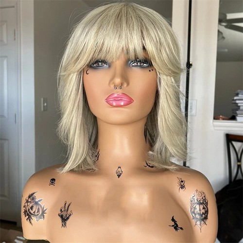 100% Human Hair Platinum Blonde Bob Wig with Bangs Short Blonde Wig #60 Glueless - Picture 5 of 8