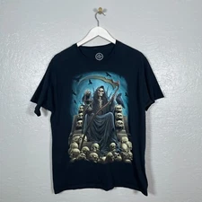 ODM Men L Black Grim Reaper Skull Throne Graphic T-Shirt Cotton Grunge Goth