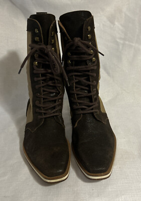 HELM 2873 BROWN LEATHER CANVAS LACE FRONT BOOTS  sz 39 1/2 sz 9