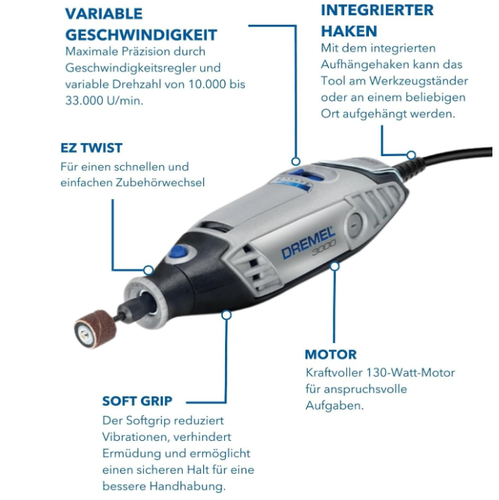 Dremel 3000 Multifunktionswerkzeug (130 Watt, Set mit 15 Zubehörteilen, Variable - Bild 3 von 6