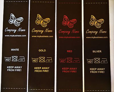 Maßgeschneidertes Design schwarze Satinwaschpflegeetiketten, GOLD/SILBER/ROT DRUCK - 100 Stck.