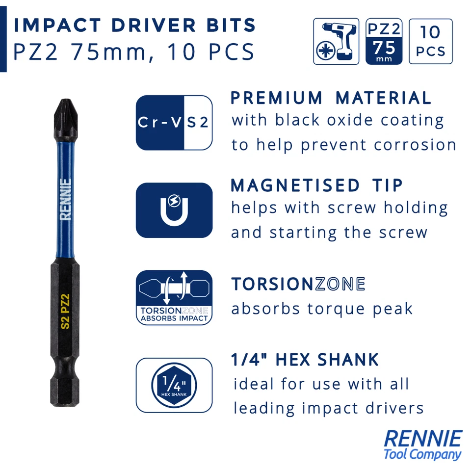PZ2 75mm Long Impact Duty Screwdriver Drill Driver Bits Pozidriv Pozi 2 Coated - Image 3 of 4