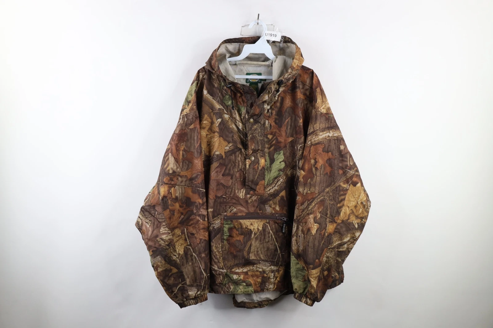 Vtg Cabelas Men XL Distressed Advantage Timber Camouflage Packable Hooded Jacket