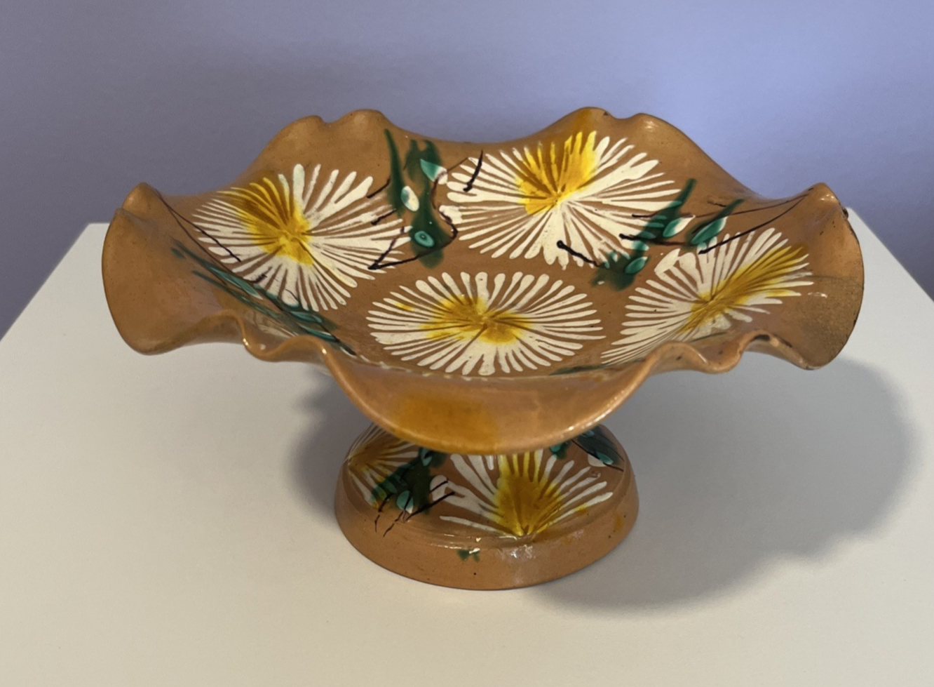Vintage Handpainted Art Pottery Glazed Clay Pedestal Fruit Bowl Made in Mexico