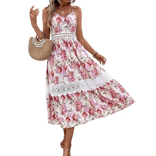 Damen V-Neck Trägerkleid Blumen A-Linie Urlaub Sommerkleid Strand Freizeitkleid+ - Bild 14 von 25