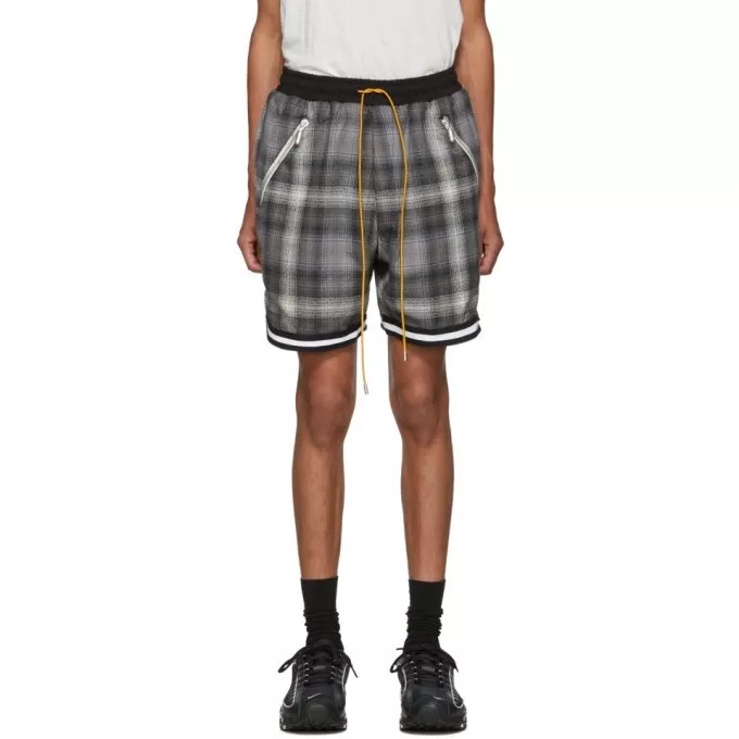 Rhude Plaid Flannel Basketball Shorts Capsule Pull Zip Pockets- Grey/Black - 2XL