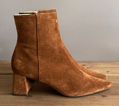 AGL Women's Mimma Ankle Bootie Size 38 Brown Suede Block Heel Zip Up Pointed Toe