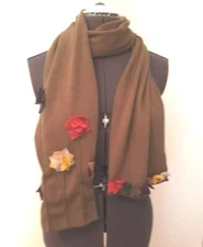 Brown Knit Scarf 3D Flowers  Appliqued Embellished 70 X 11" Statement Piece 