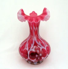 Fenton Art Glass Spanish Lace Cranberry Opalescent Double Crimp Vase