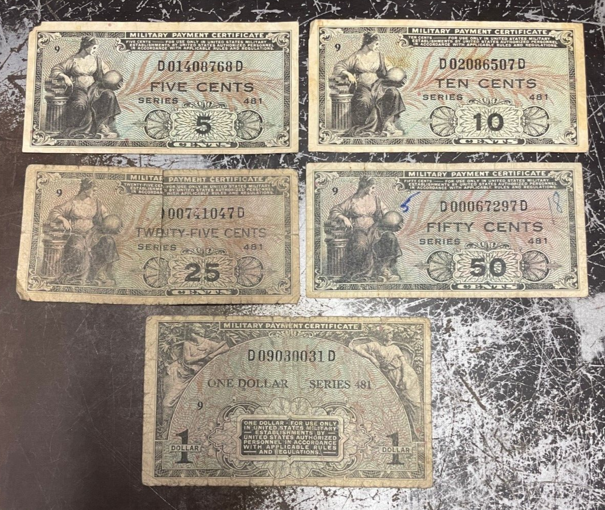 Korea War Military MPC 5¢, 10¢, 25¢, 50¢ & $1 Series 481 (1951-4