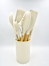 12pcs Silicone Kitchenware Set, Beige Cooking Utensil, with Wooden Handle - New