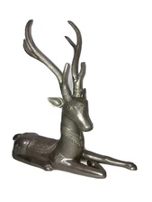 BUDDHIST TEMPLE DEER SCULPTURE IN ALLOY IMITATING SILVER METAL 1970'S HEAVY RARE
