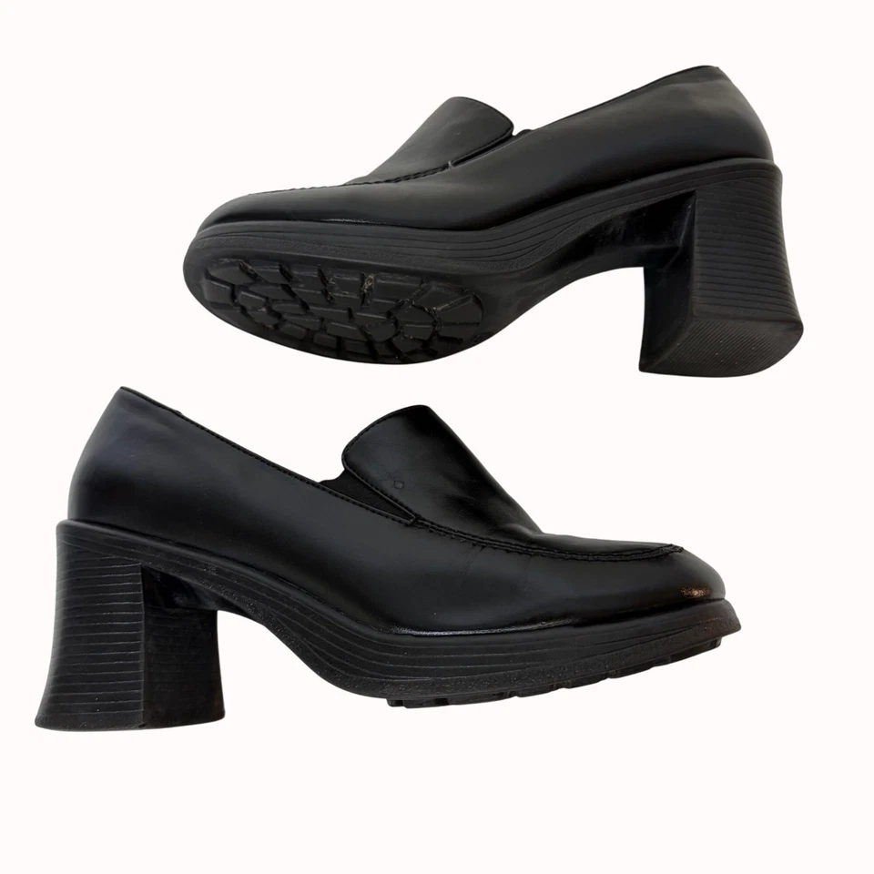 Mocasines Route 66 Negro Tacón Grueso De Colección Y2k Plataforma Zapato Talla 8.5 Sin Cordones Foto 4 de 4