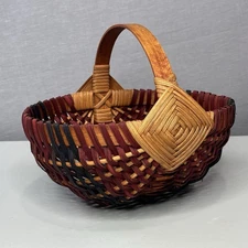 Handwoven Splint Basket Red Black Natural Wood Accent Handle Gift Romance EUC