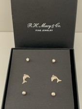 VTG Children s Stud Earrings Signed 925 Sterling Silver Dolphin/Crystal/ Dots
