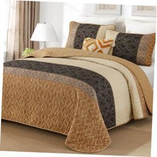 Fall Quilt Set Size 3 Pieces,Striped Bedspread,Boho Plaid Bedding Queen Brown