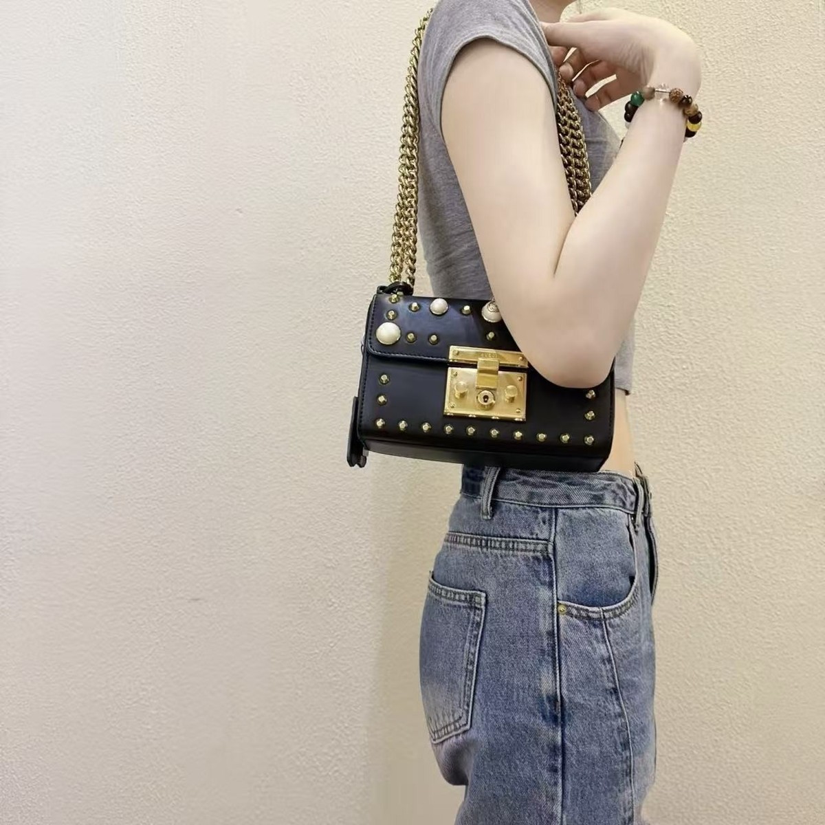 Gucci Padlock Small Shoulder Bag Black Leather Pearl Studs Gold