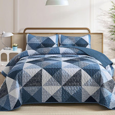 Navy Blue Quilt Queen Size, 3 Pieces Patchwork Bedspread Bedding for Queen Size