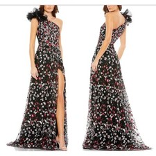 Mac Duggal 20331 Embroidered Floral Dress Long One Shoulder Black Size 14 NWT