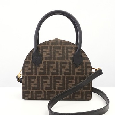 FENDI Zucca Pattern Round Vanity Hand Bag 2Way Shoulder Bag Brown