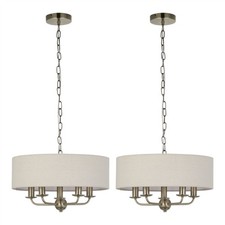 Set of 2 Antique Brass Ceiling 5 Light Pendant Fittings 45cm Linen Shade