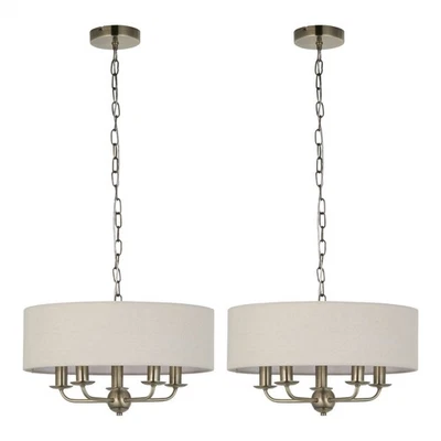 FIRSTCHOICELIGHTING Set of 2 Antique Brass Ceiling 5 Light Pendant Fittings 45cm Linen Shade