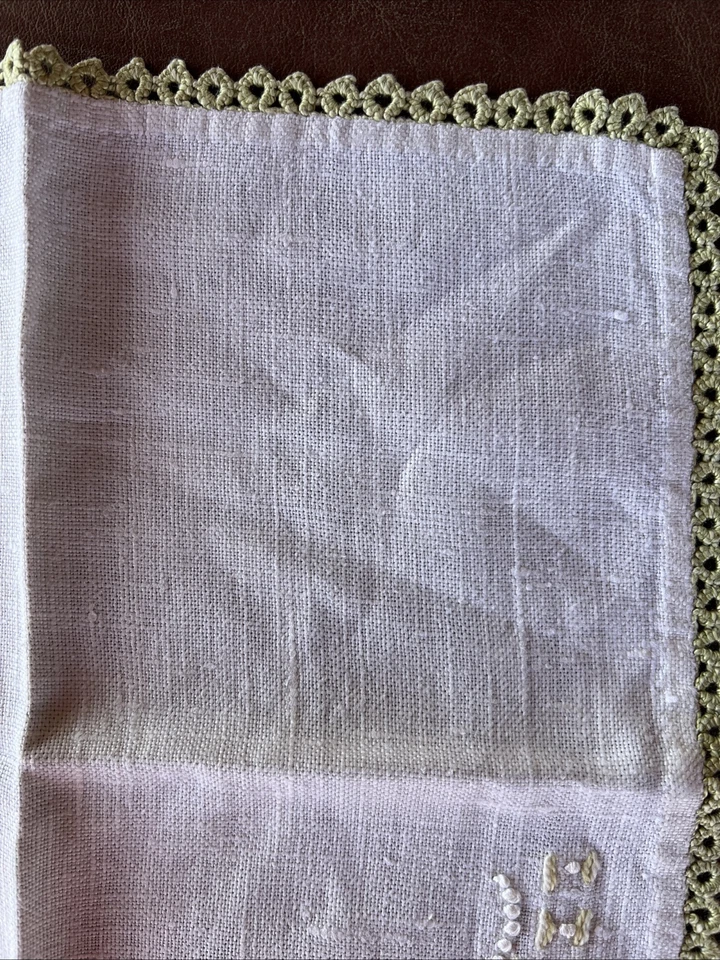 Pañuelo de lino bordado borde de ganchillo de colección sin usar, crudo natural muy suave Foto 3 de 4