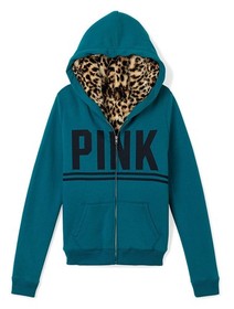 Victoria's Secret VS PINK FUR Hoodie Jacket Logo Dark Teal Leopard Small S