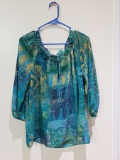 Chaps blue teal paisley sheer top, pullover, blouse, size L